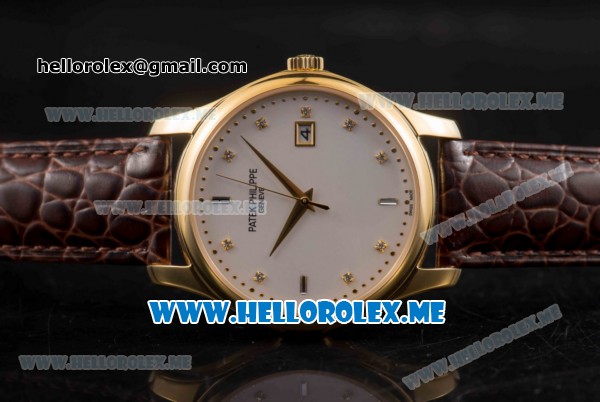 Patek Philippe Calatrava Miyota Quartz Yellow Gold Case with White Dial and Brown Leather Strap Diamonds Markers - Click Image to Close